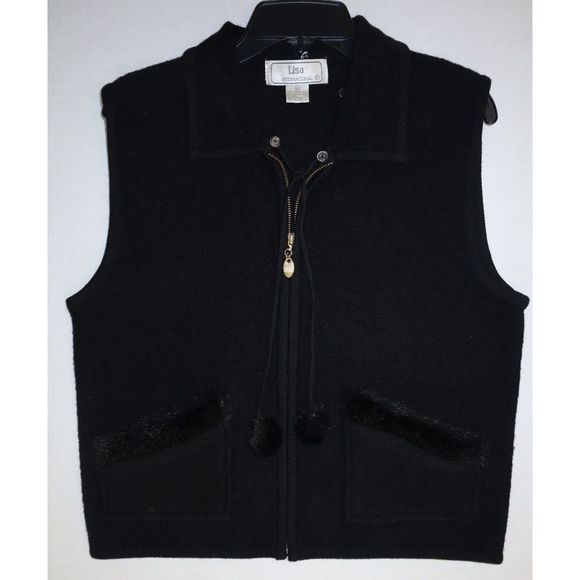 Lisa International Women Sz L Black Boiled Wool Vest w/Removable Faux Fur Collar - Picture 4 of 7